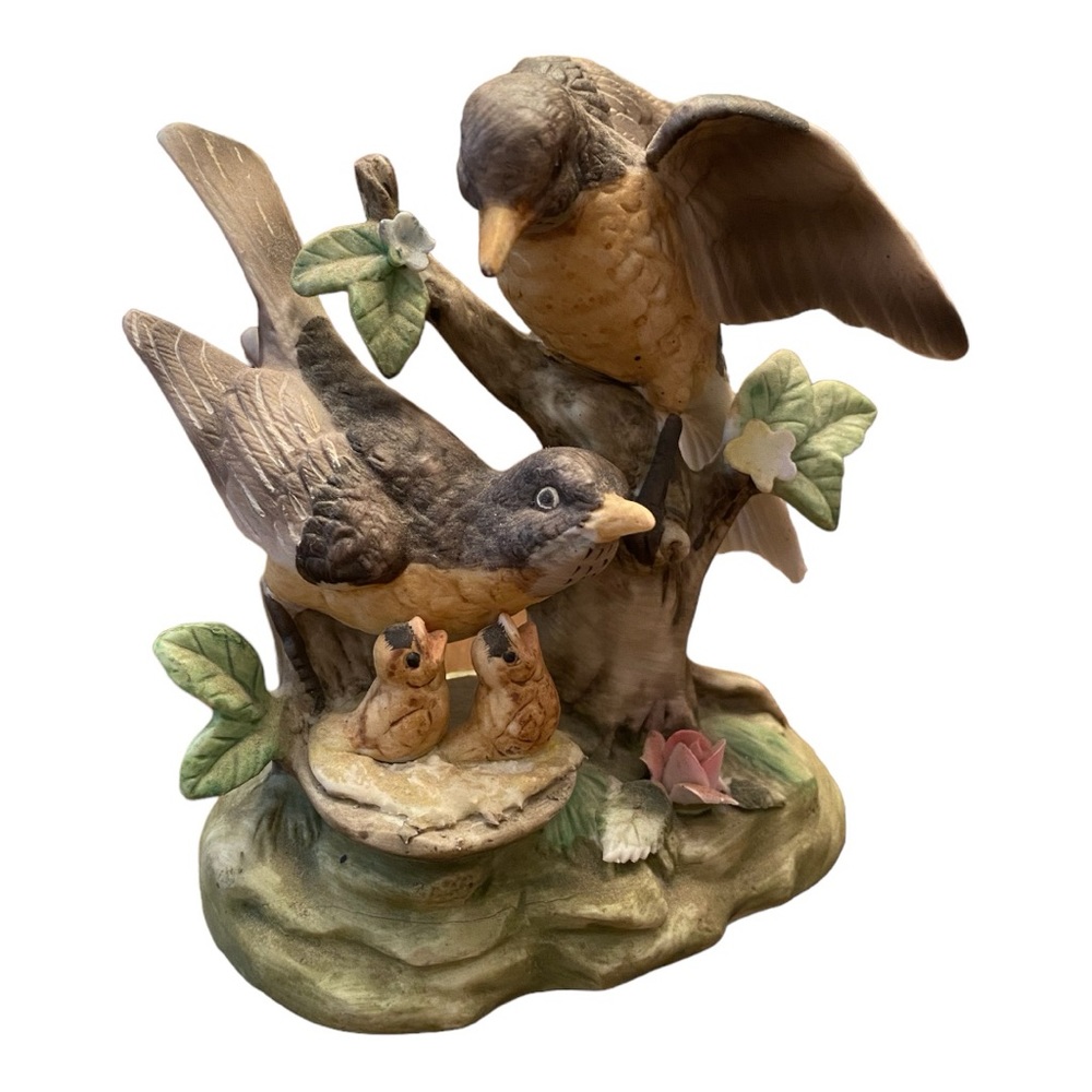 Vintage Norleans Porcelain Bird Figurine Family in Nest - 4.5”